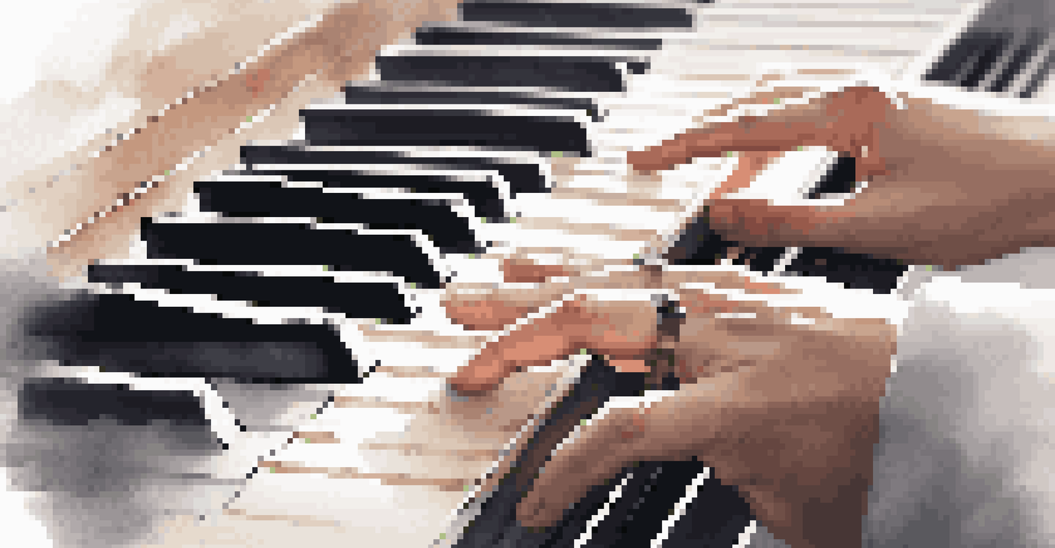 A close-up of hands playing a piano with sheet music beside it.