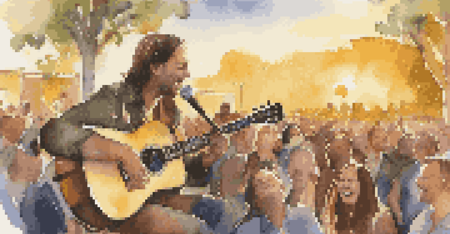 A musician playing an acoustic guitar at an outdoor concert, with an engaged crowd in the background.