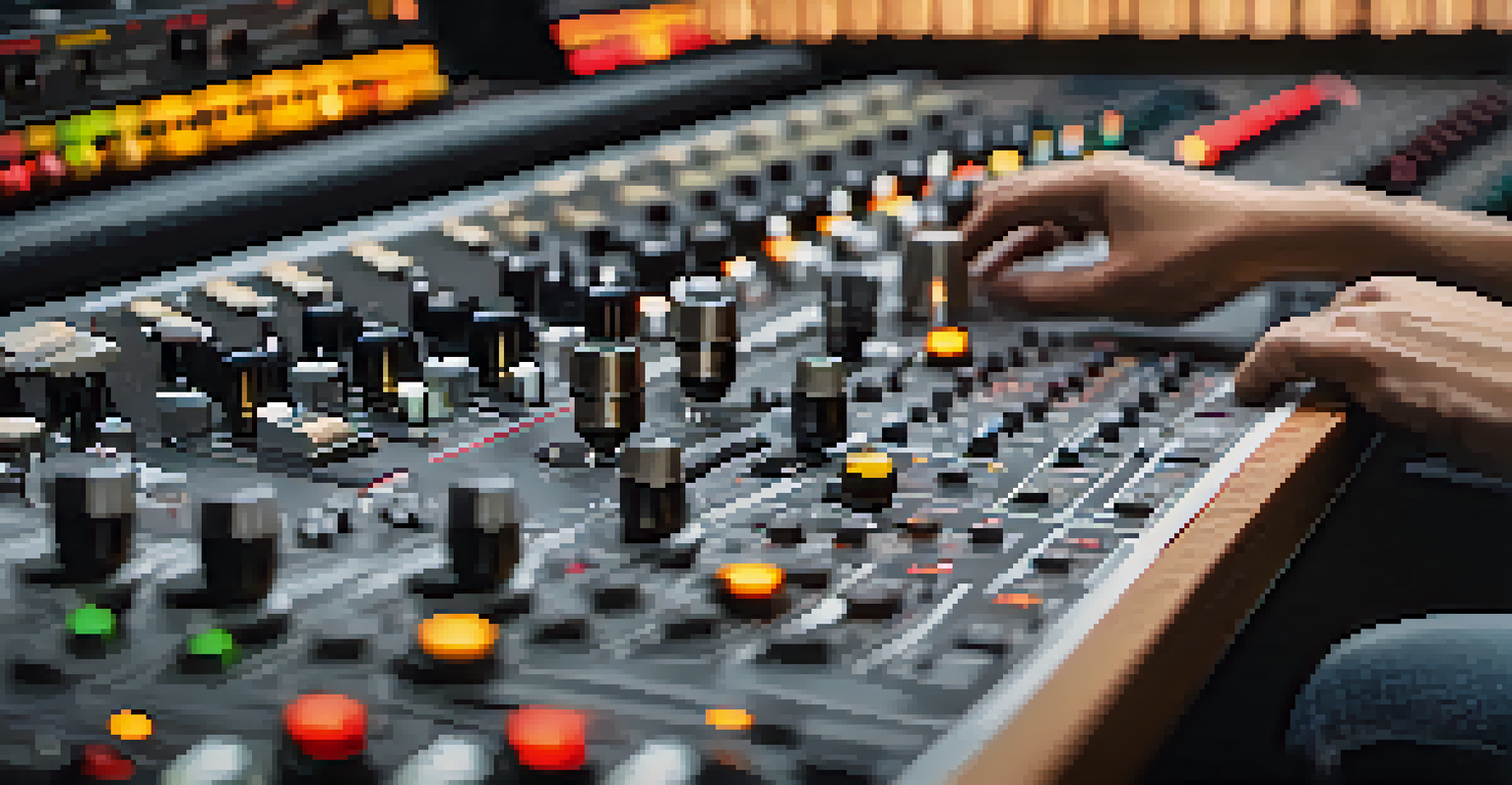 A close-up of an audio engineer adjusting a mastering console, emphasizing the equipment and the engineer's concentration.
