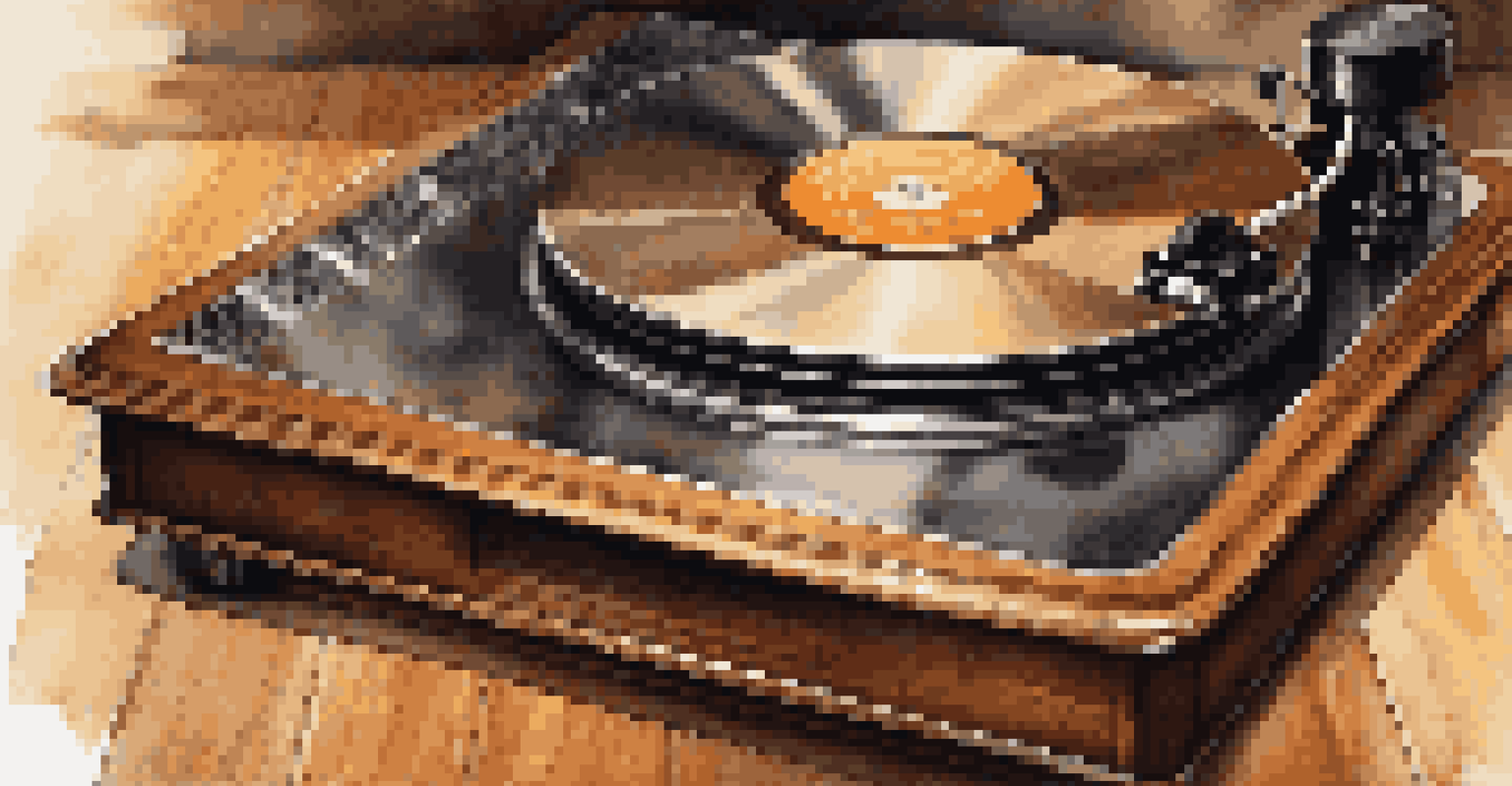 A vintage vinyl record player with a needle on a spinning record, bathed in warm light.