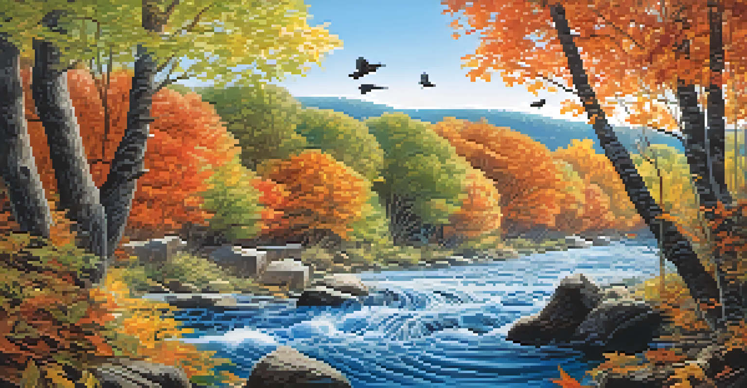 An artistic representation of a soundscape featuring natural elements like a river, leaves, and birds, intertwined with colorful musical notes.