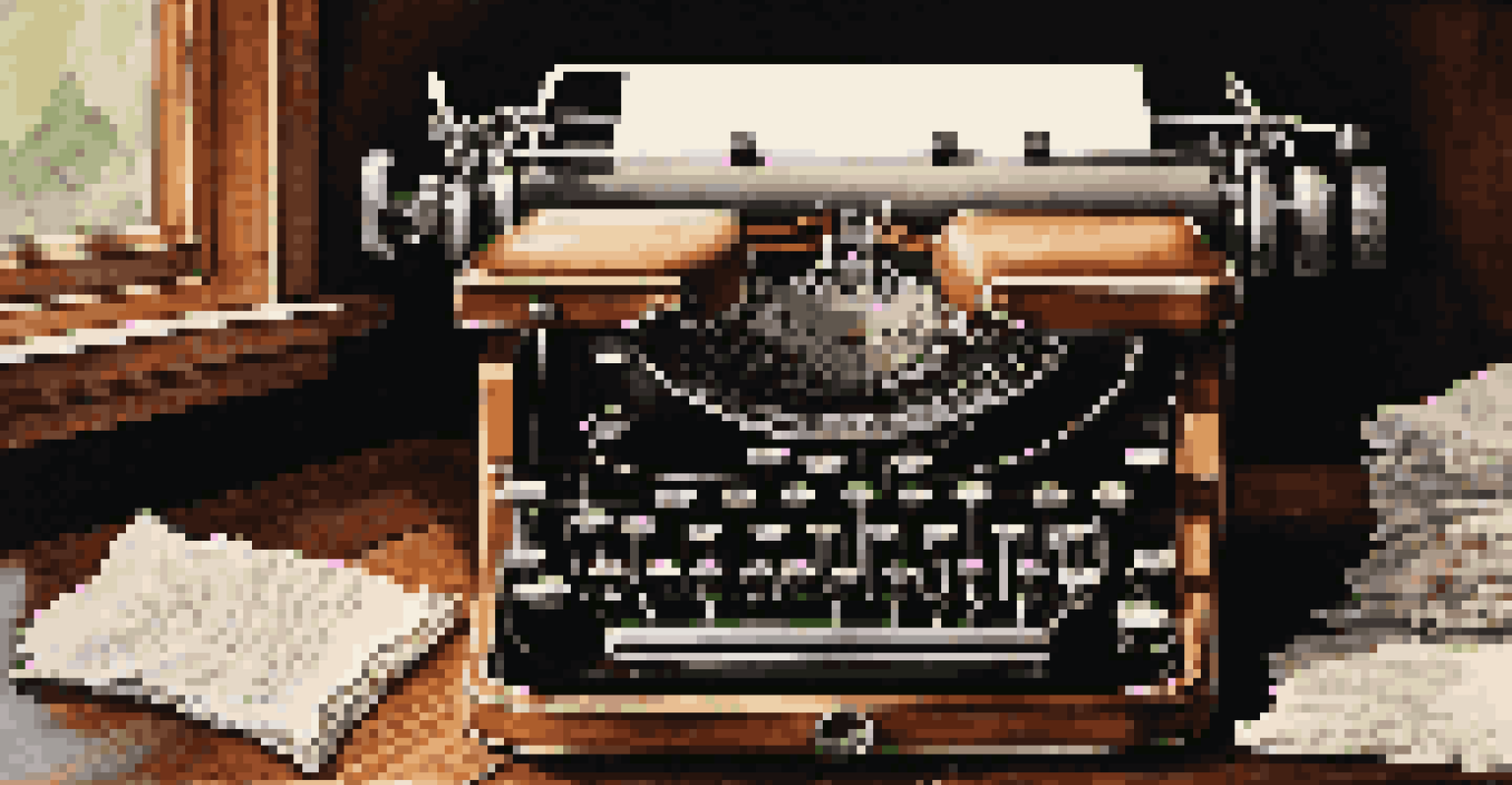 A close-up of a vintage typewriter on a wooden table with crumpled paper around it.