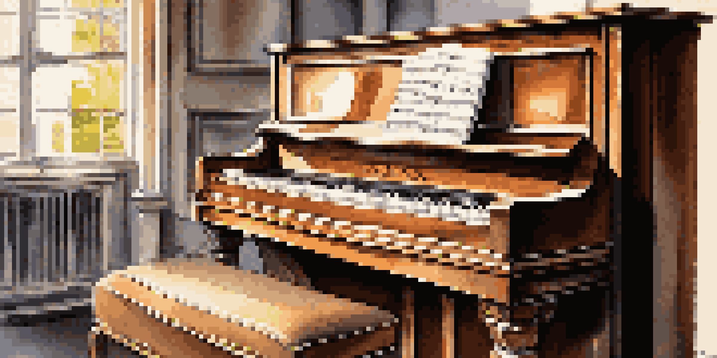 A classical piano with polished wooden surface and keys, illuminated by soft natural light, with blurred sheet music in the background.