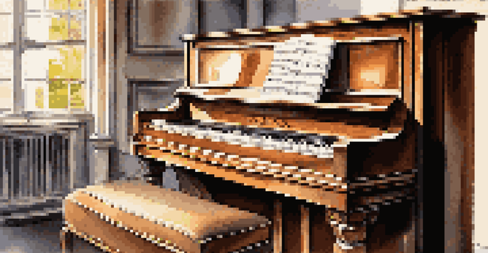 A classical piano with polished wooden surface and keys, illuminated by soft natural light, with blurred sheet music in the background.