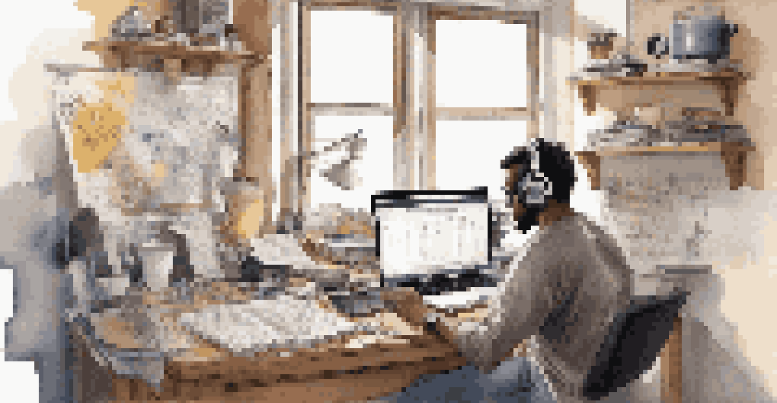 An artist working on a laptop with notes and sketches, in a cozy workspace filled with natural light.
