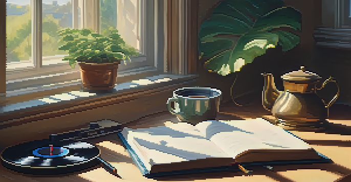 A cozy study space with a wooden desk, an open notebook, a cup of tea, and a vintage record player, illuminated by sunlight.