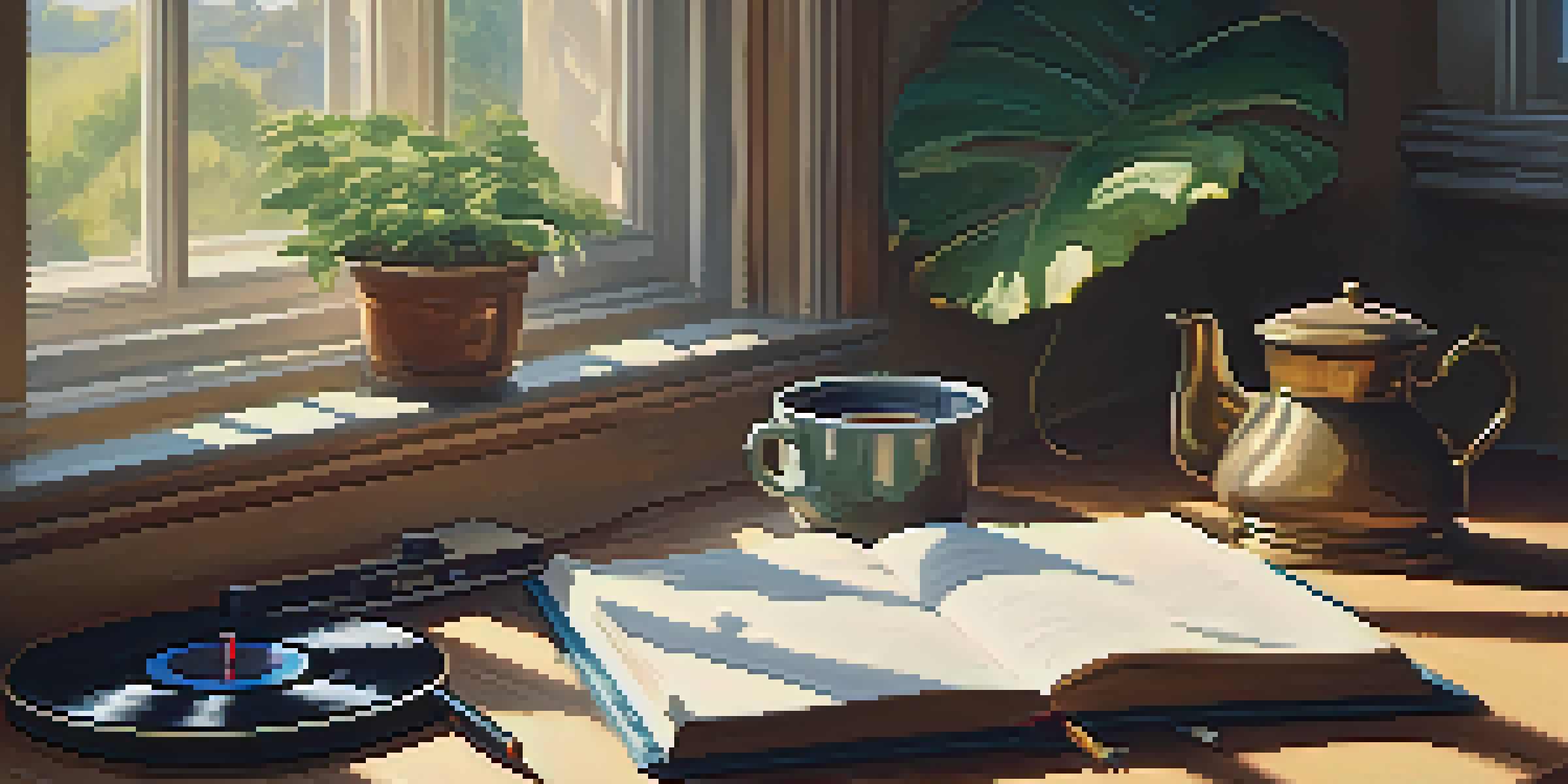 A cozy study space with a wooden desk, an open notebook, a cup of tea, and a vintage record player, illuminated by sunlight.