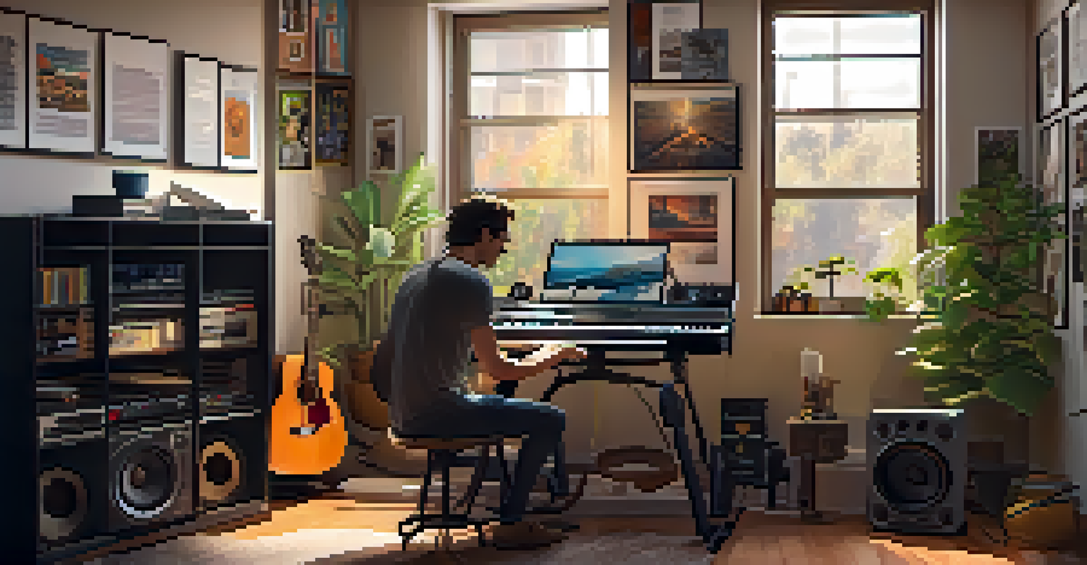 A musician in a cozy home studio, working on a laptop for virtual music collaboration, surrounded by instruments.