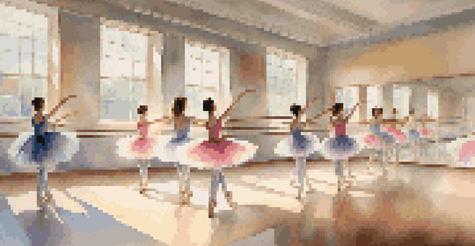 A bright dance studio with dancers practicing ballet in colorful tutus, surrounded by mirrors and wooden floors.