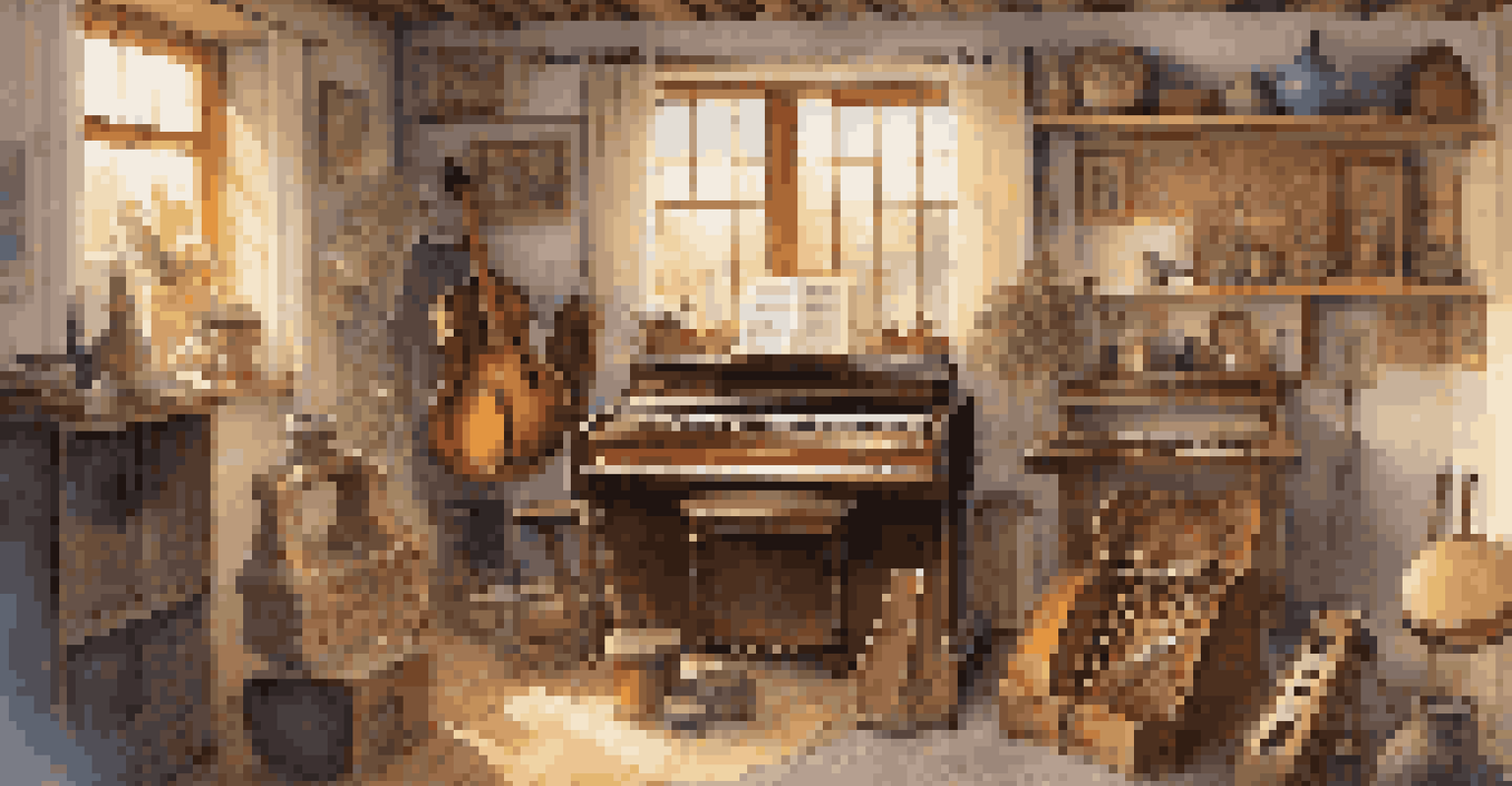 A local artist in a home studio surrounded by traditional instruments and sound equipment, immersed in the creative process of music production.