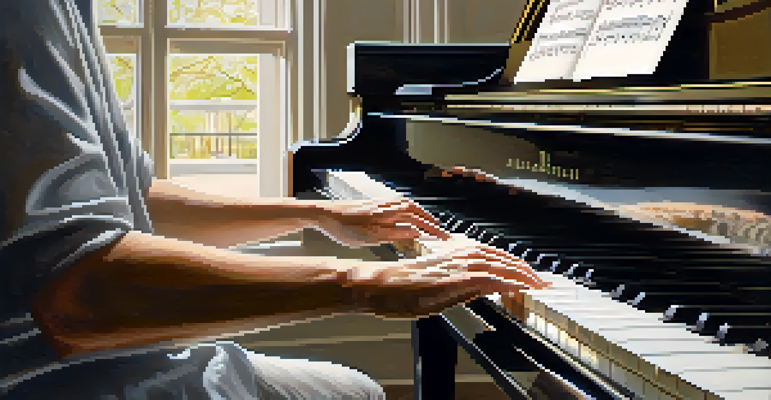 An artist's hands on piano keys with sheet music in front, illuminated by soft natural light from a window.