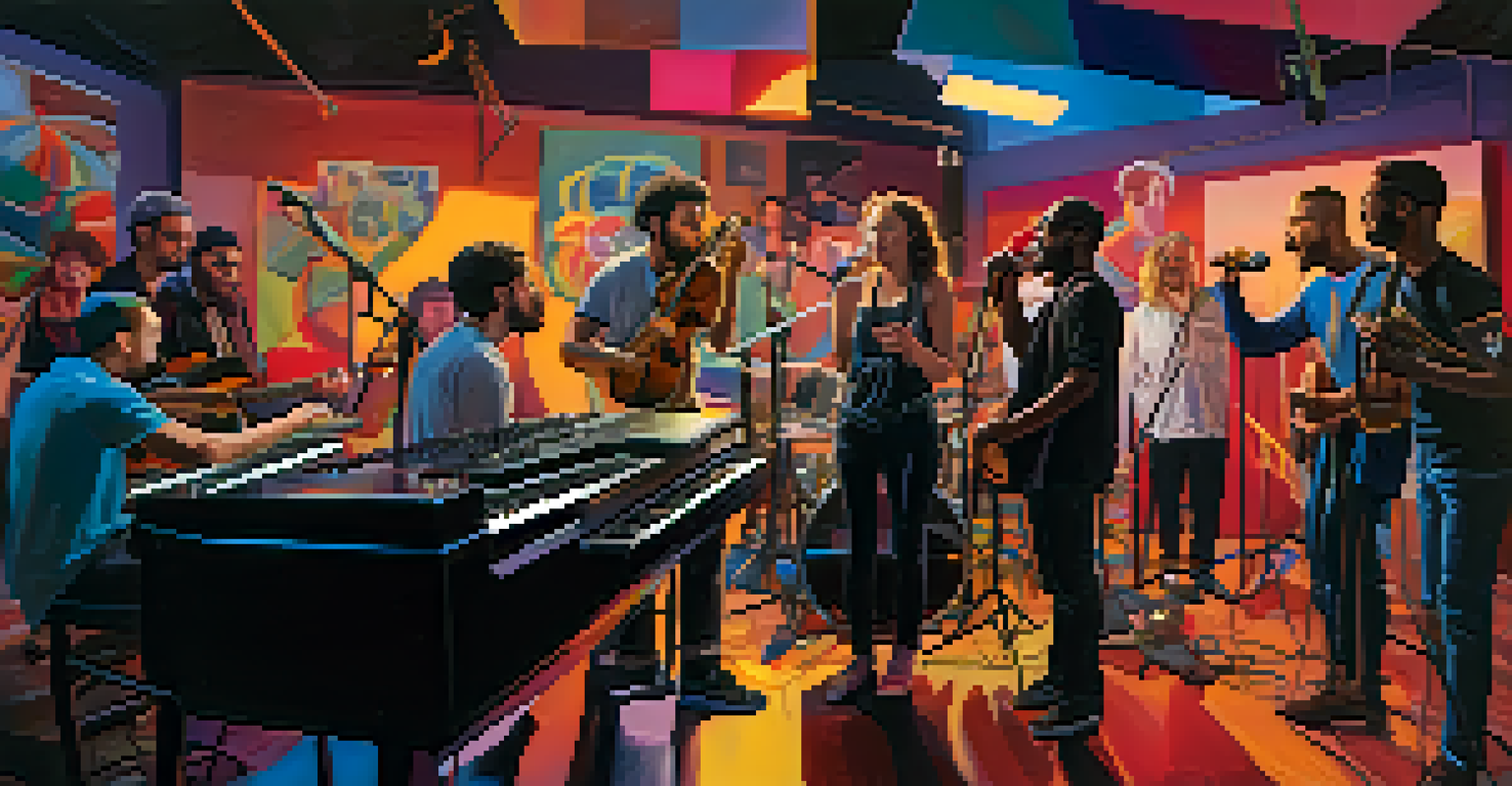 A diverse group of artists collaborating in a modern recording studio with musical instruments.