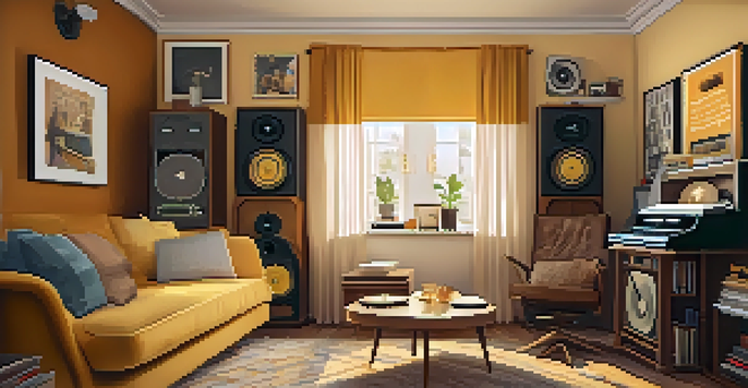 A warm and cozy room with a vintage record player, scattered vinyl records, and musician posters on the walls.