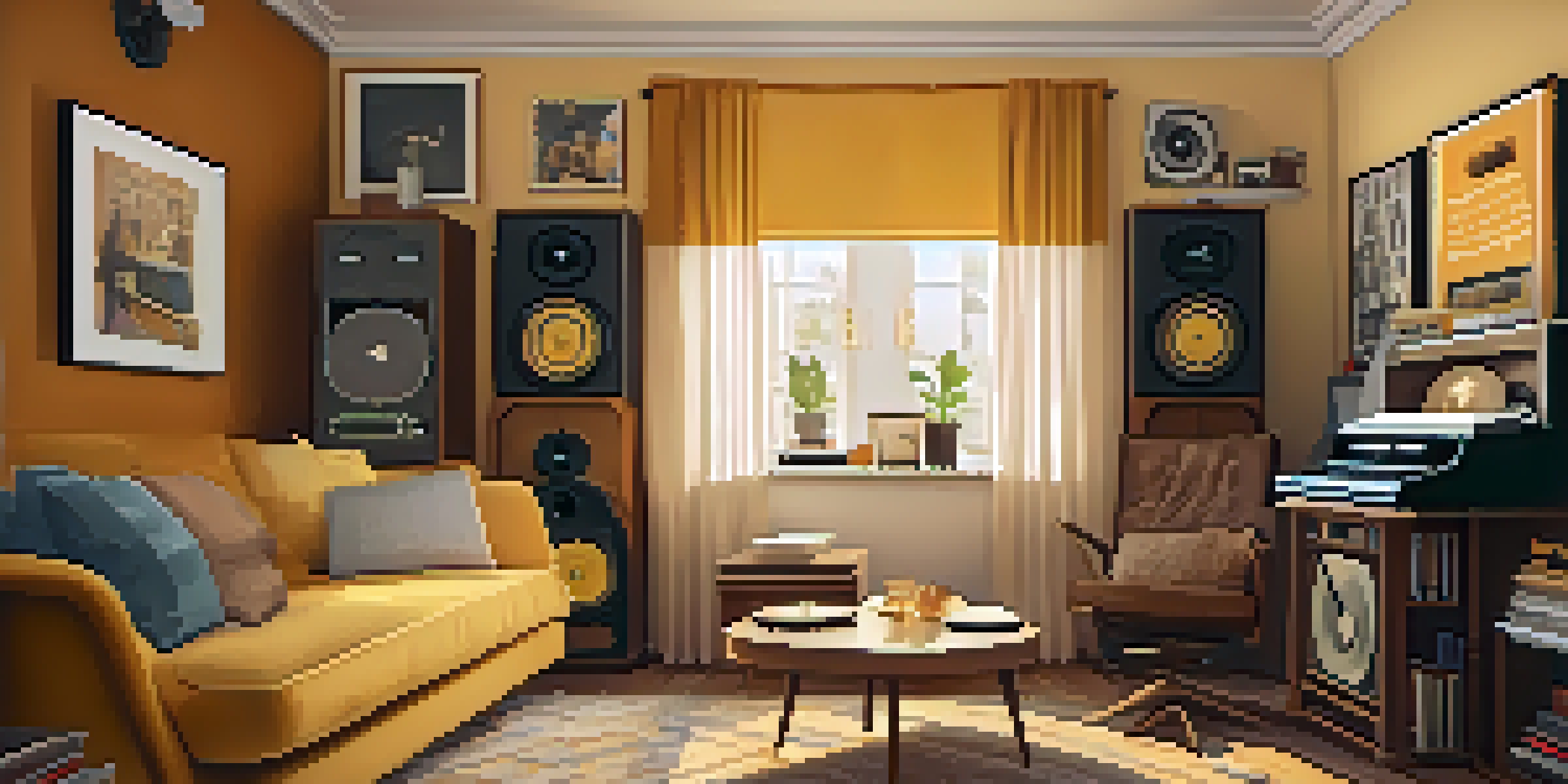 A warm and cozy room with a vintage record player, scattered vinyl records, and musician posters on the walls.