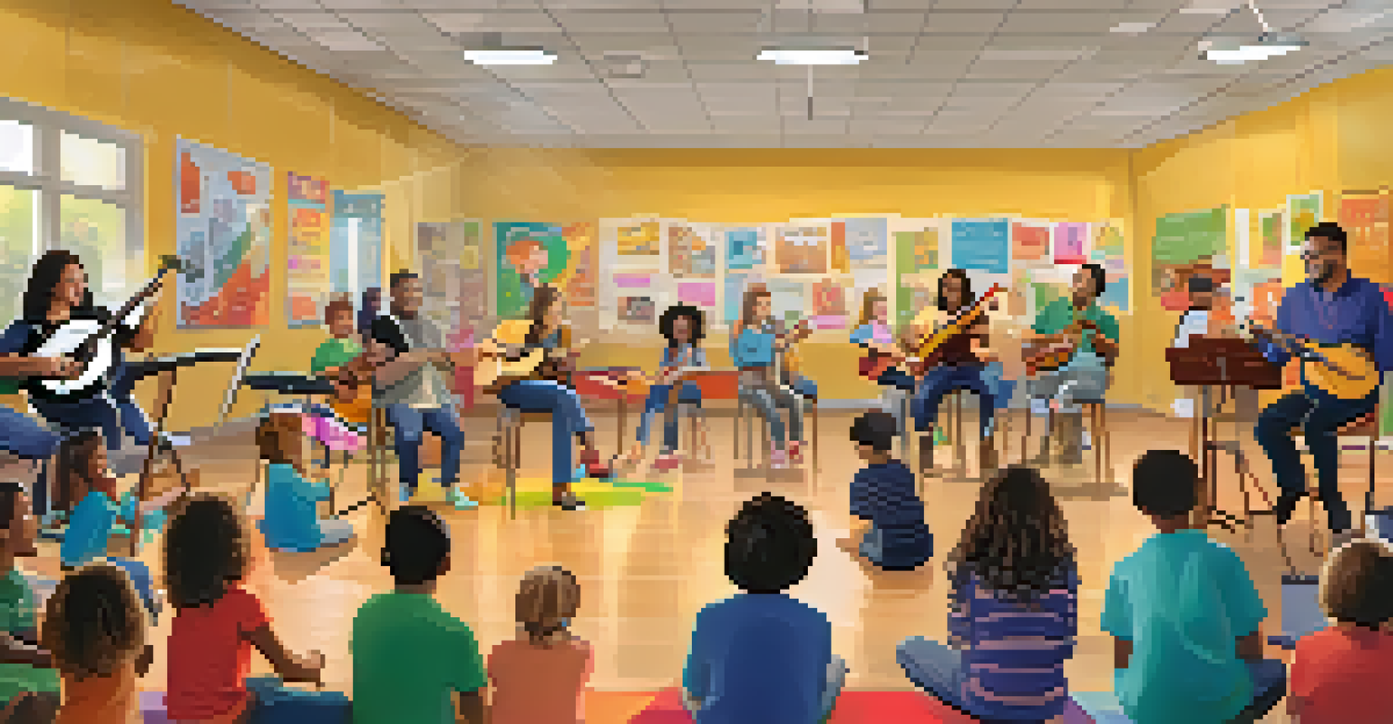 A school gymnasium filled with families engaging in music activities during a family music night event.
