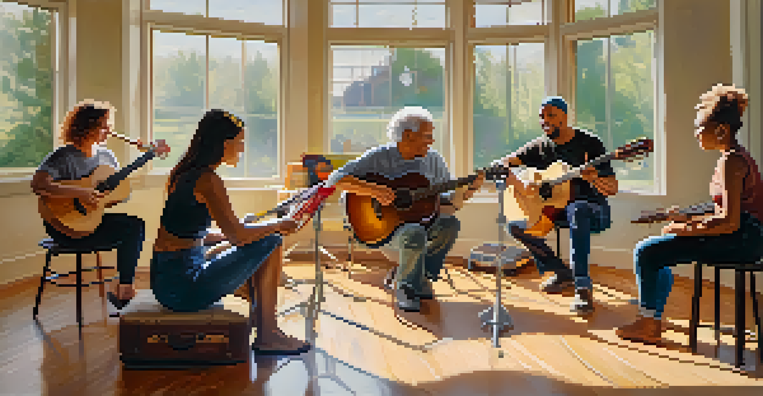 A group of people in a circle during a music therapy session, sharing emotions through instruments in a serene environment.