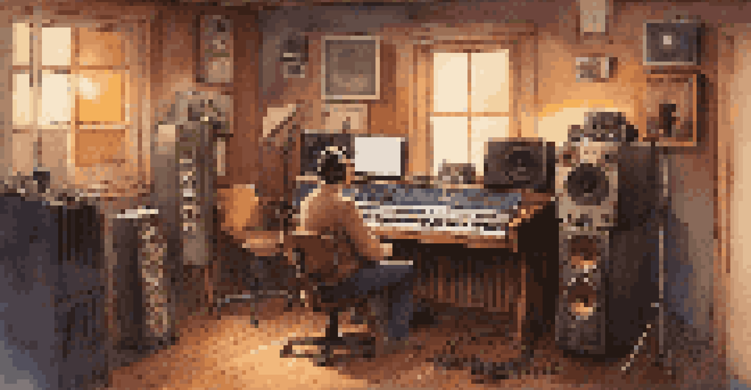 A singer recording in a vintage studio with a producer at the mixing console.