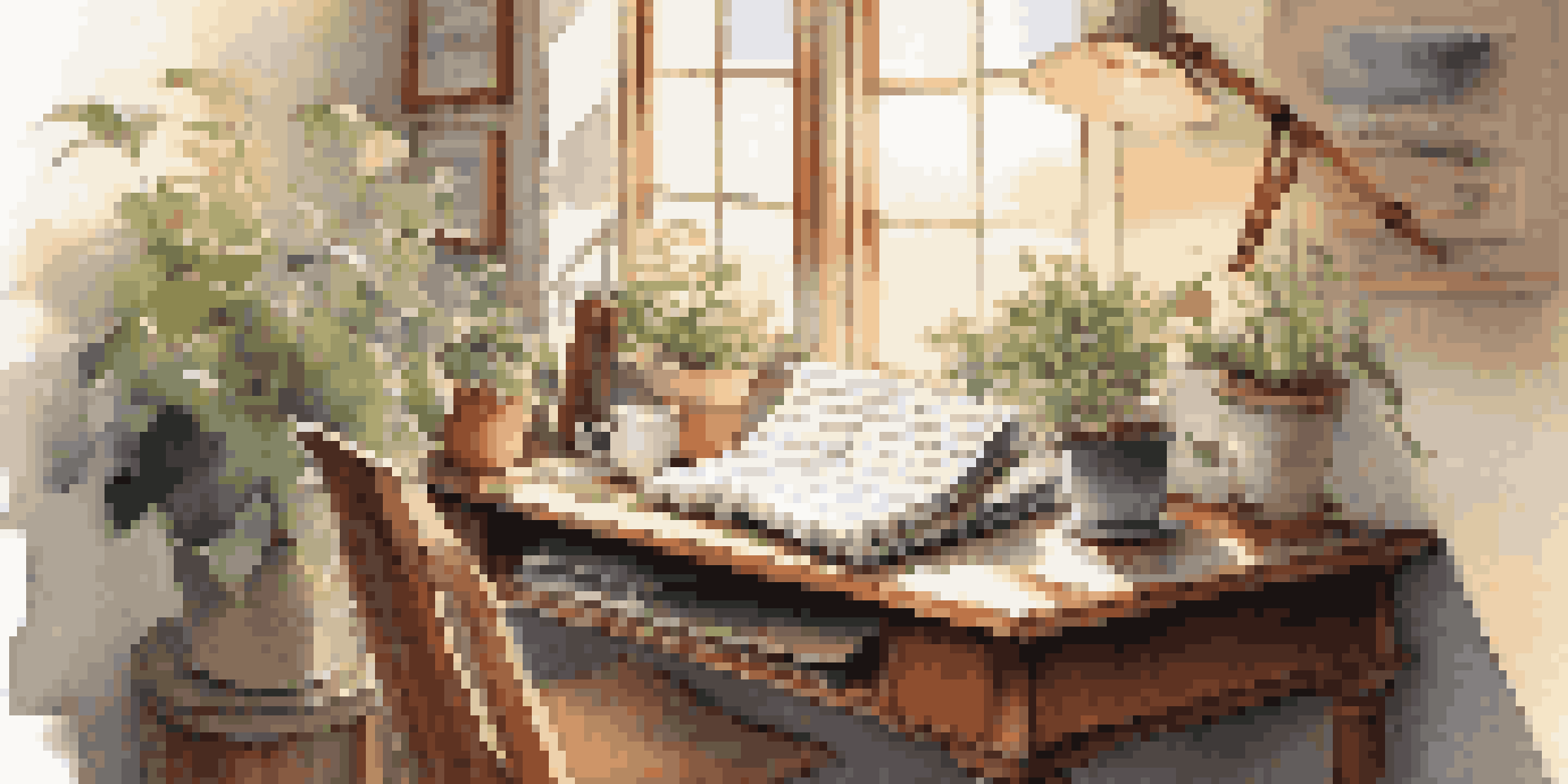 A peaceful study room with a desk, laptop, plants, and sunlight, featuring music sheets and a cup of tea.