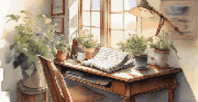A peaceful study room with a desk, laptop, plants, and sunlight, featuring music sheets and a cup of tea.