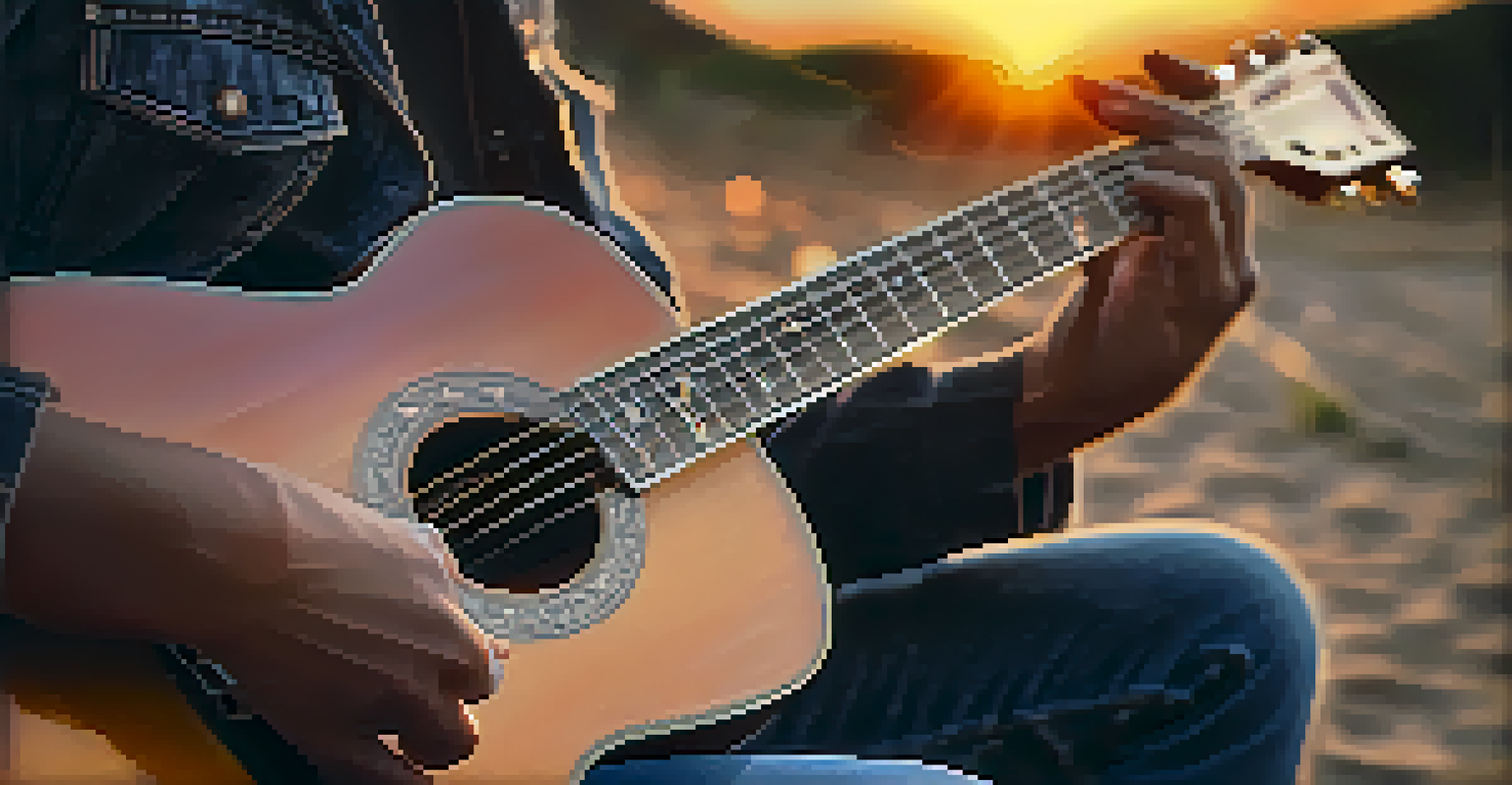A close-up of a hand strumming a guitar with musical notes floating in the air, set against a softly blurred sunset landscape.