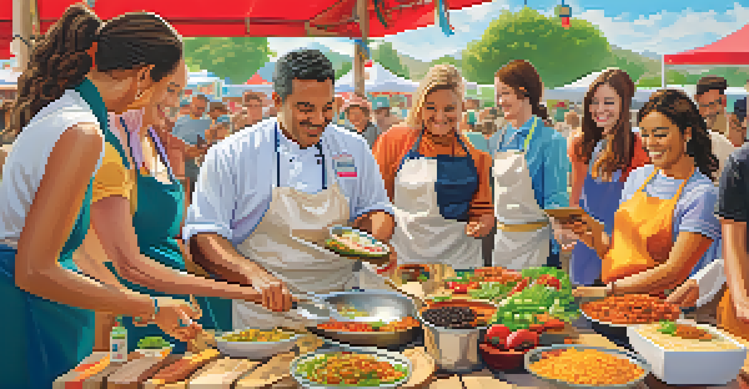 A chef demonstrating how to make gourmet tacos at a festival, with colorful ingredients and enthusiastic attendees.