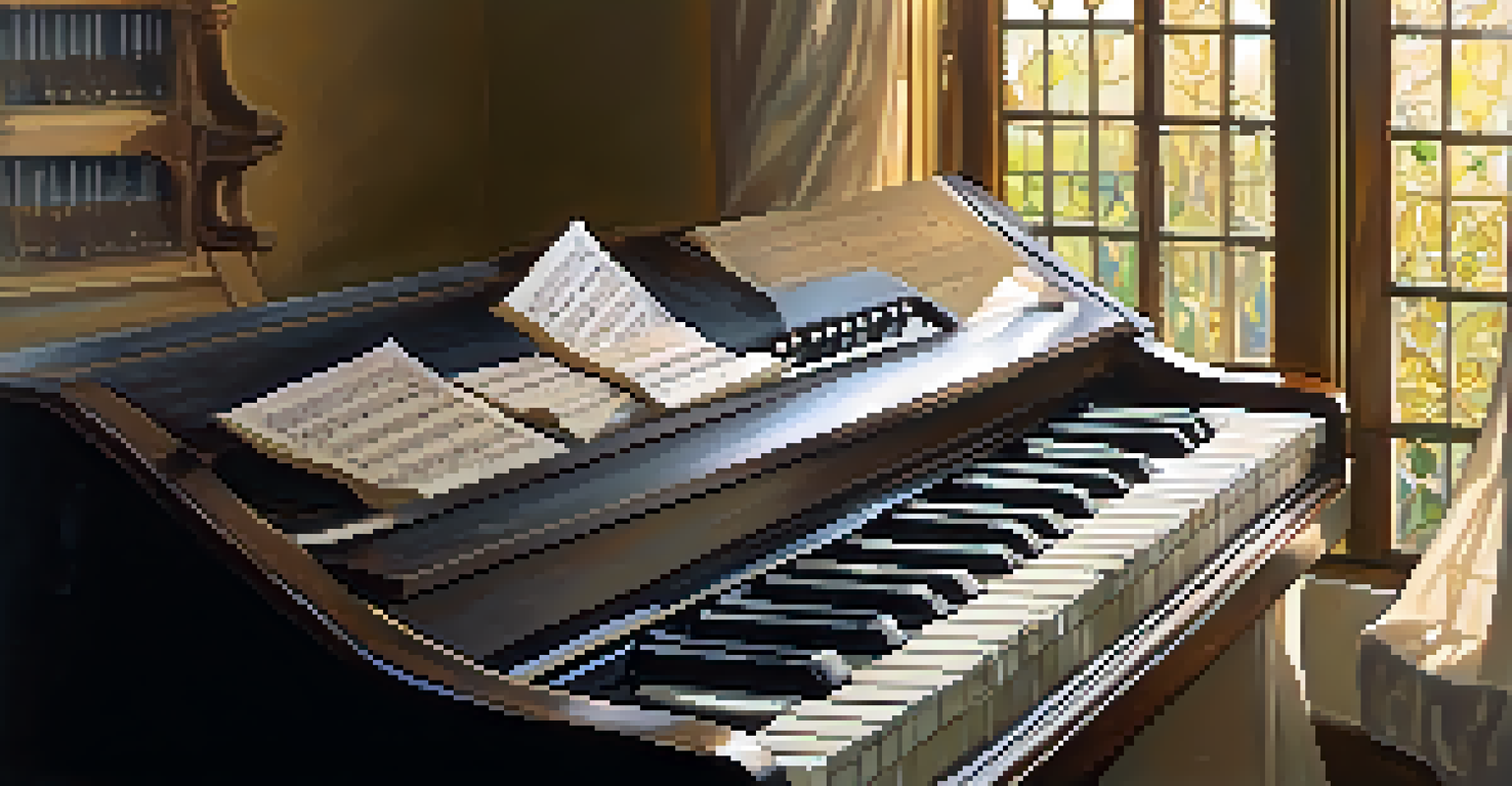 An elegant keyboard with sheet music and chord symbols, illuminated by sunlight.