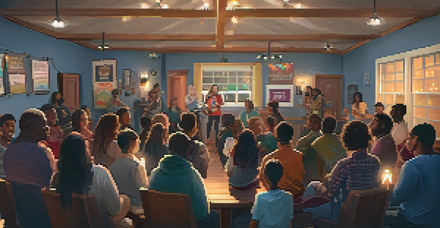 An open mic night at a community center with diverse performers and an engaged audience.