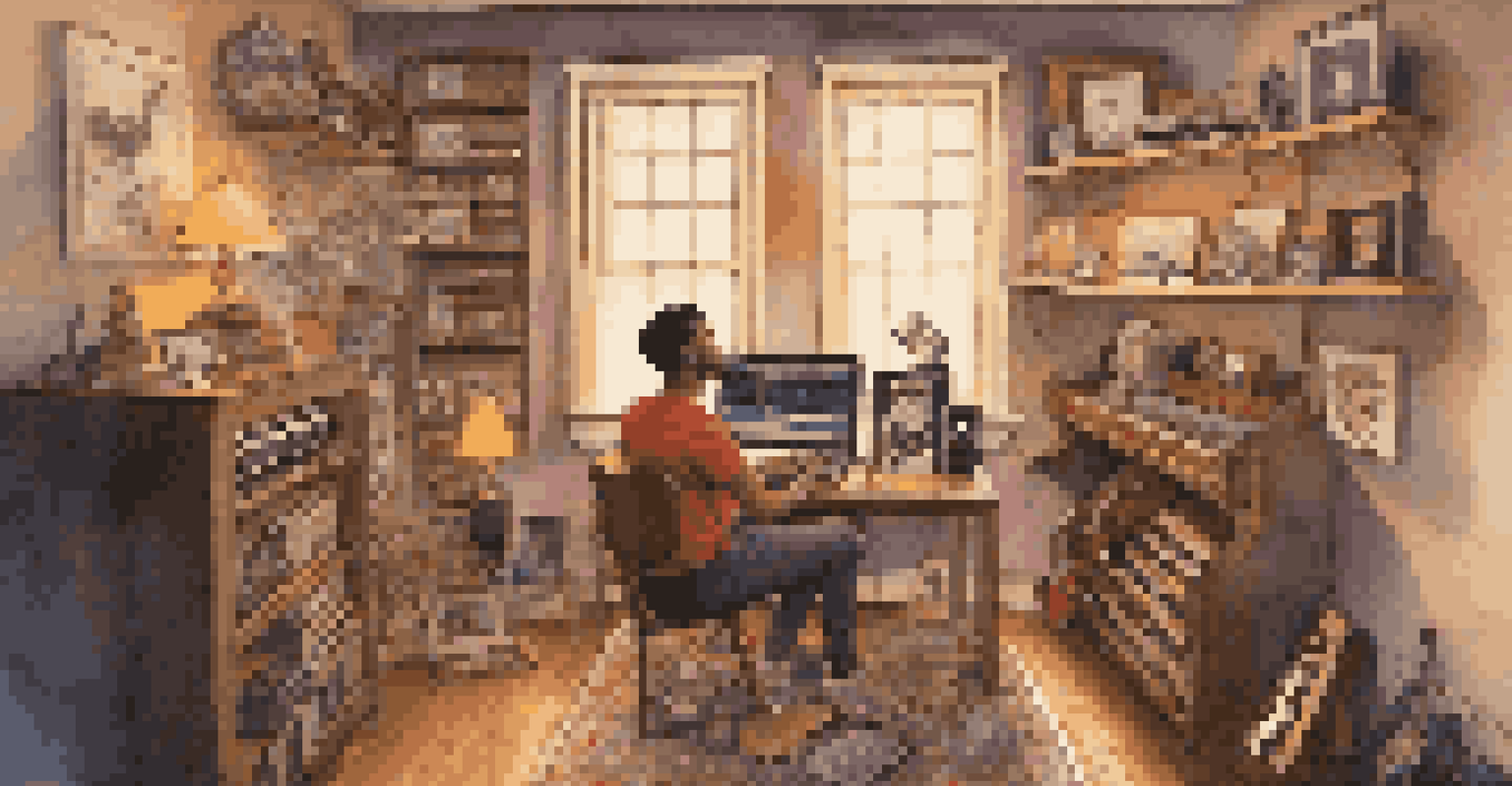 A musician creating a playlist in a cozy room decorated with sports memorabilia and trophies.