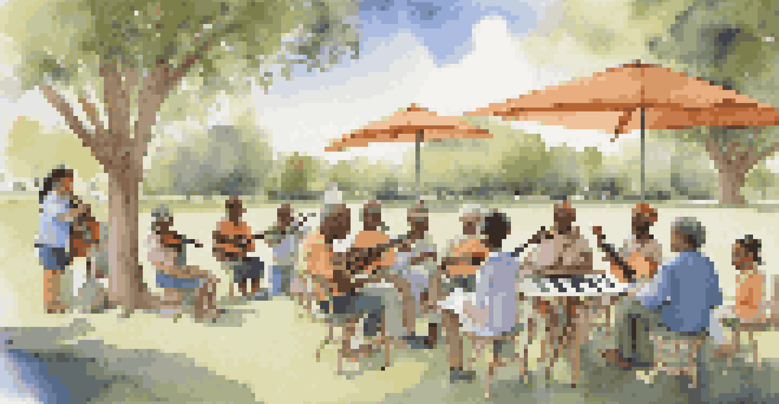 A diverse group of people of all ages collaborating in an outdoor music session, surrounded by nature under a clear blue sky.