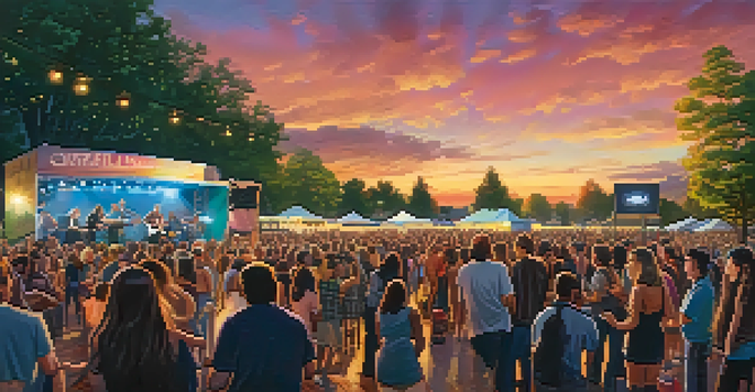 A lively outdoor concert with a diverse crowd enjoying a band performance under colorful stage lights at twilight.