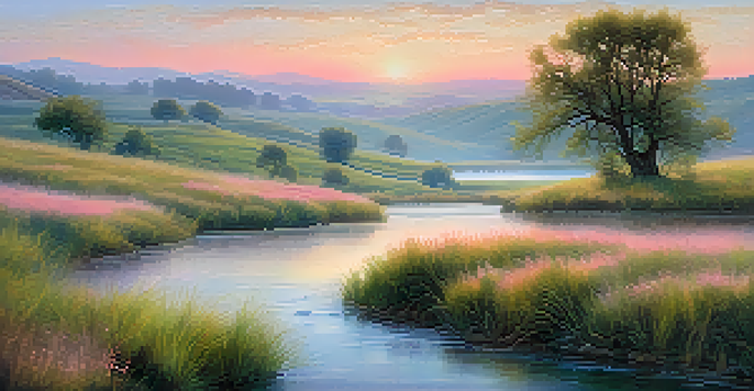 A peaceful landscape with rolling hills, a stream, and a willow tree at sunrise, featuring soft pastel colors and blooming wildflowers.