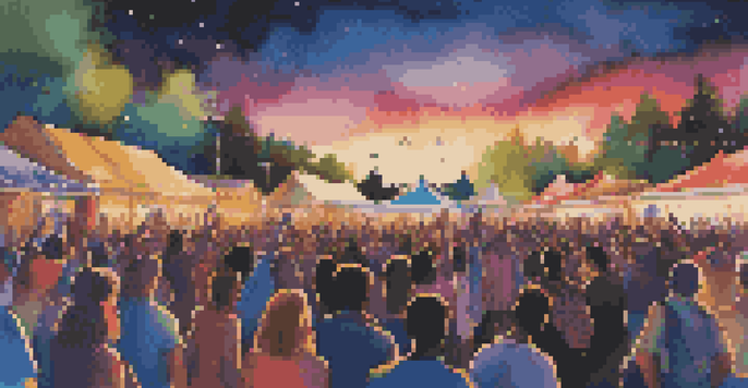 A lively outdoor concert with a large crowd of fans, colorful stage lights, and an artist performing, set against a twilight sky.