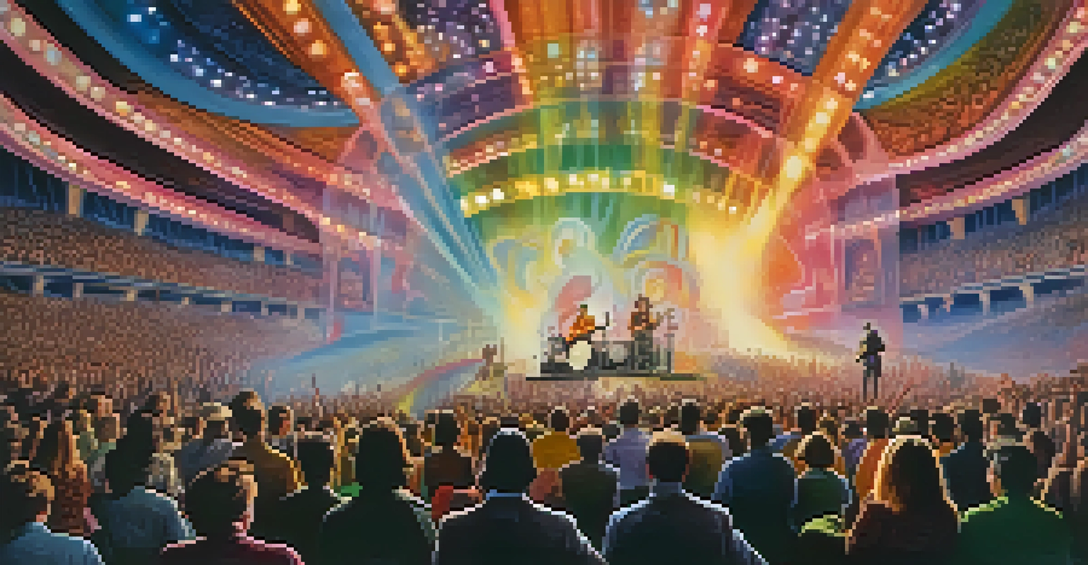 A psychedelic rock concert with a band on stage, surrounded by swirling colors and lights, and an audience experiencing a surreal atmosphere.