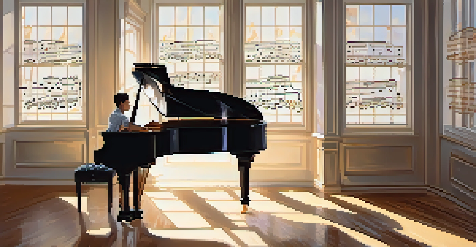 A musician practicing scales on a grand piano with musical notes floating around and warm light illuminating the scene.