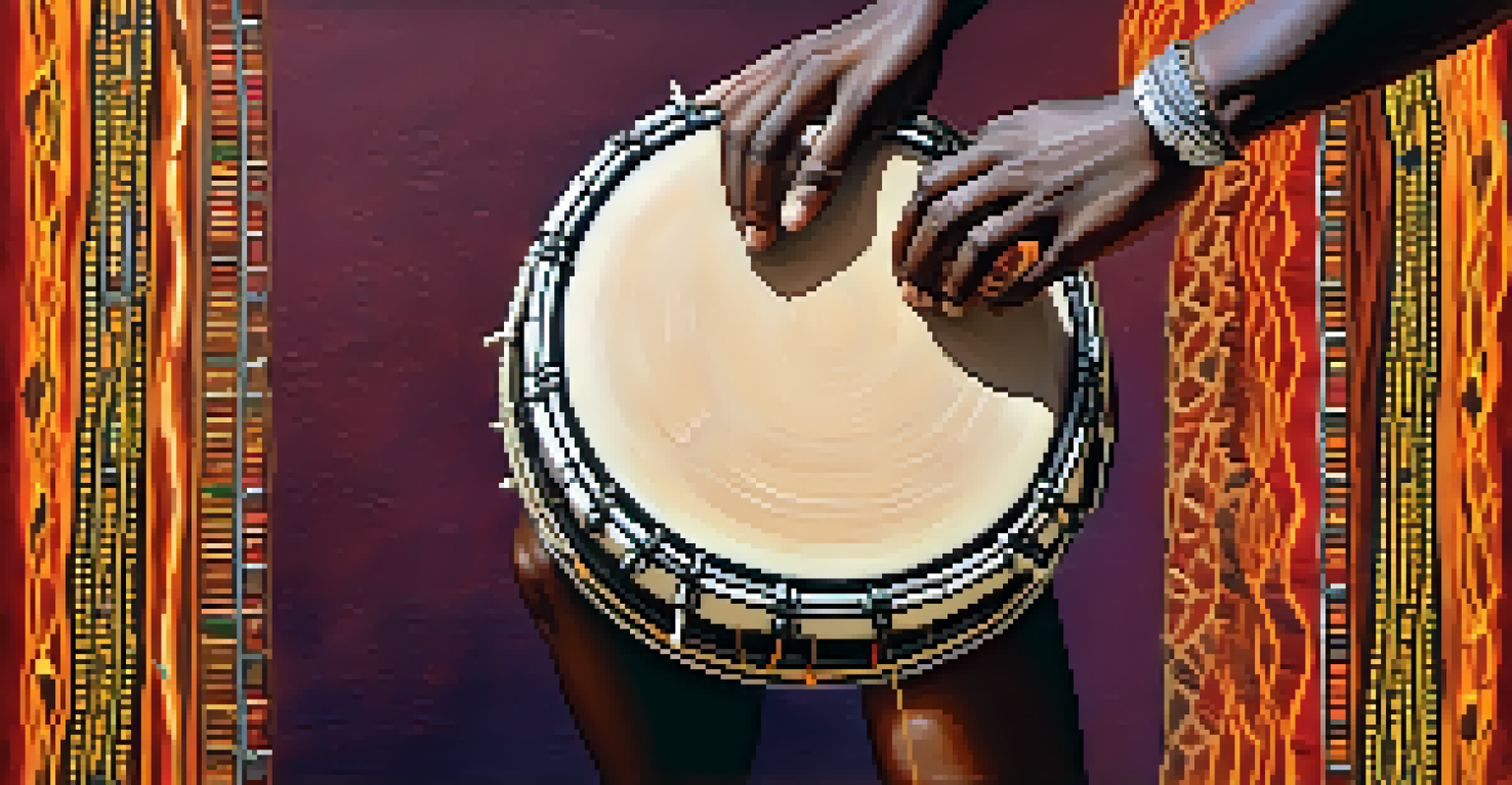A close-up of hands playing a beautifully designed African drum, highlighting the vibrant colors and textures of the instrument.