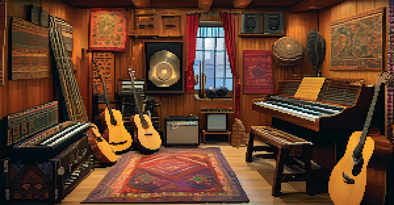 A cozy music studio showcasing instruments from different cultures, with musicians collaborating and experimenting with sounds.