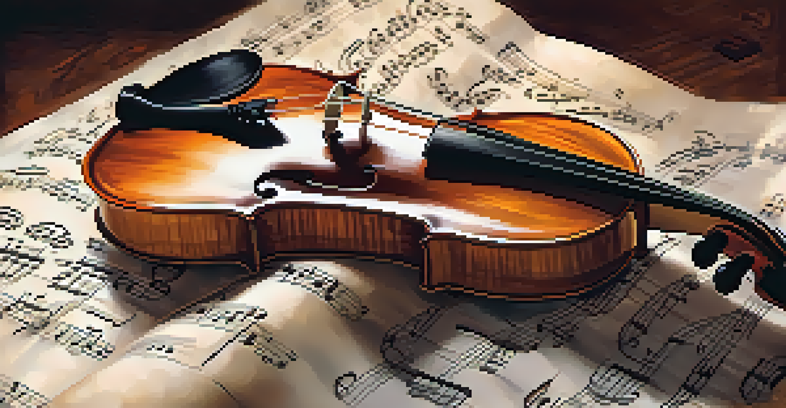 A close-up of a wooden violin on sheet music with warm lighting.