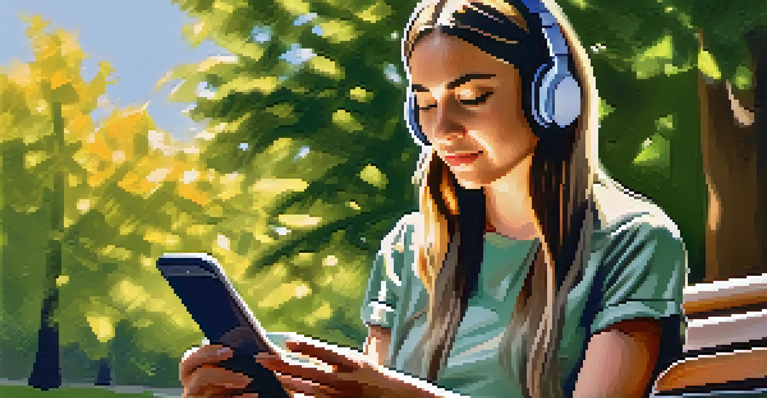 A young woman in a park using a music production app on her smartphone, surrounded by nature.