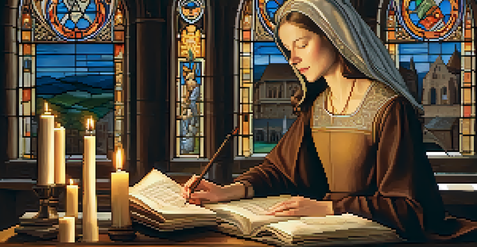 A female composer in a candlelit abbey, writing music surrounded by parchment scrolls and a lute, with stained glass windows casting warm light.