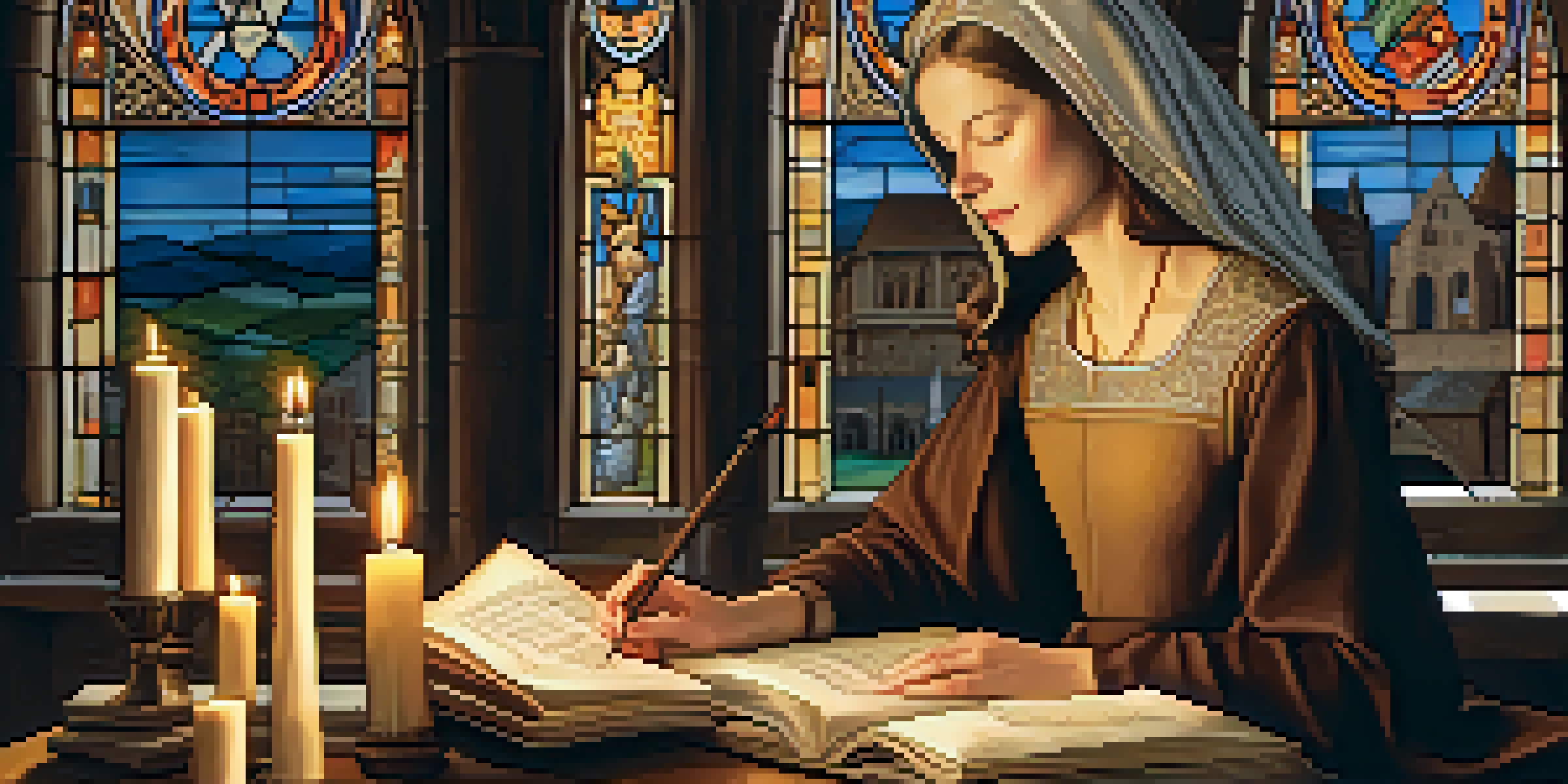 A female composer in a candlelit abbey, writing music surrounded by parchment scrolls and a lute, with stained glass windows casting warm light.