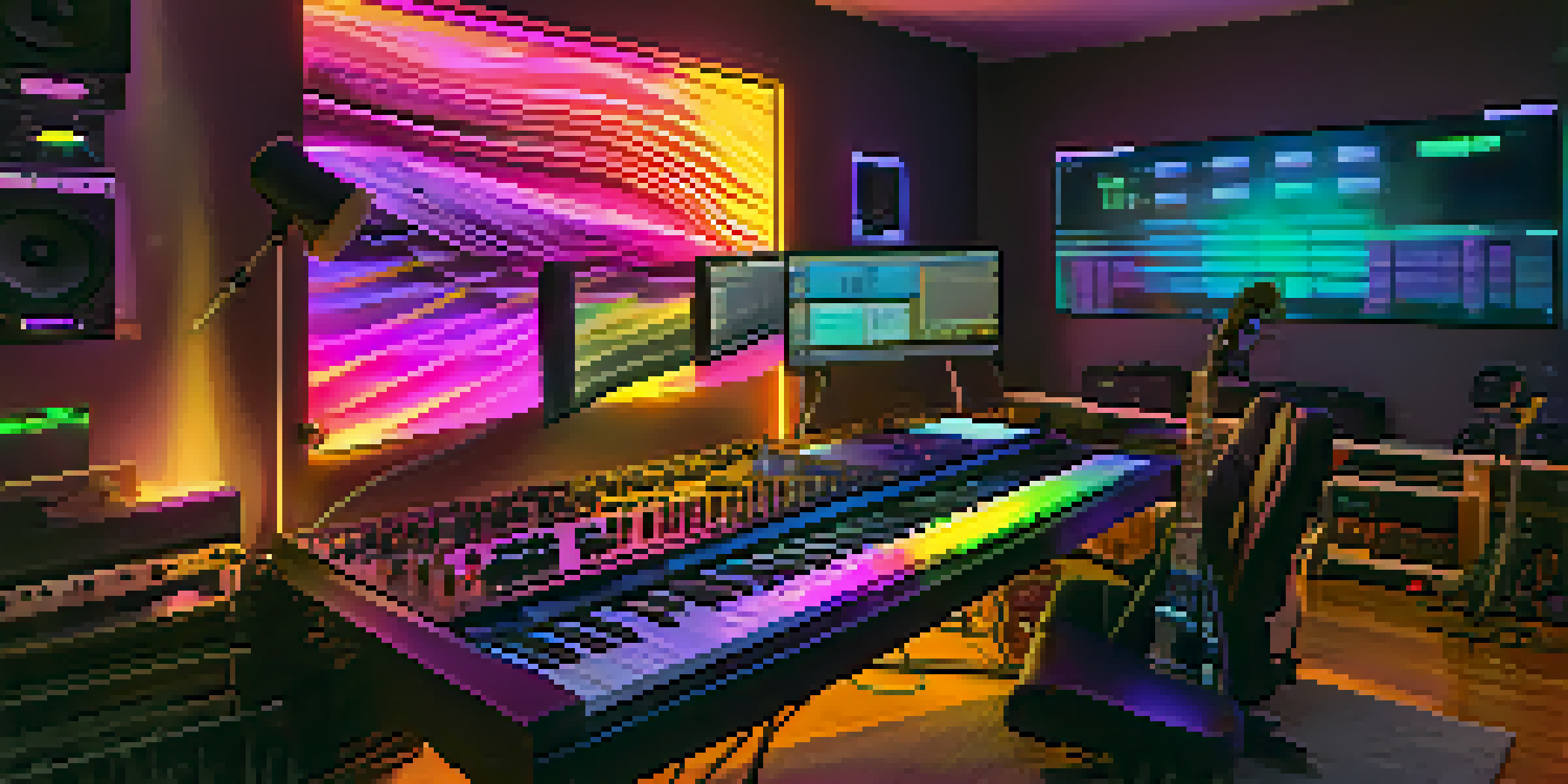 A digital music studio where a musician is working on a computer with colorful sound wave visualizations, surrounded by musical instruments.