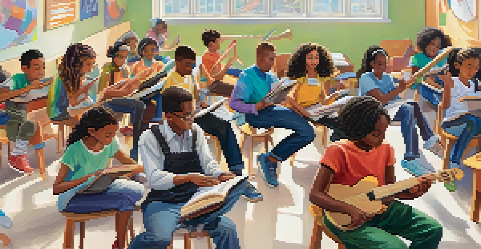 A vibrant classroom with diverse students enjoying music while studying, illustrated with swirling musical notes.