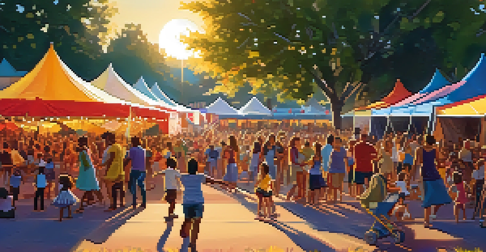 A lively community music festival with families dancing, colorful tents, and a sunset backdrop.