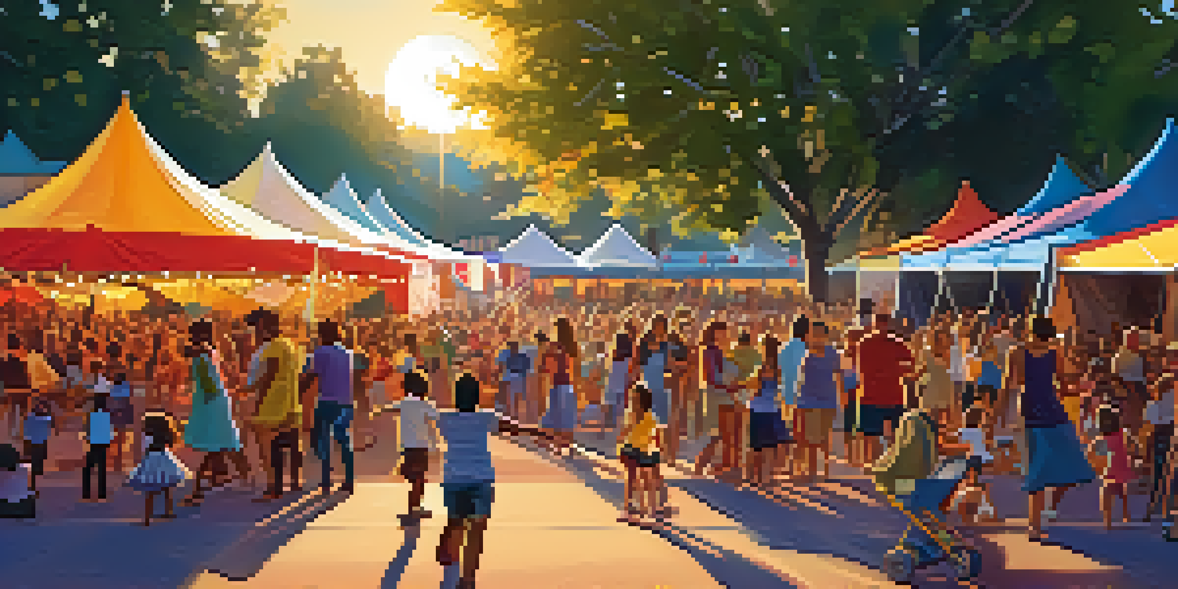 A lively community music festival with families dancing, colorful tents, and a sunset backdrop.