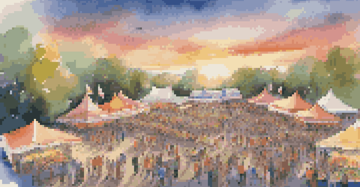 An aerial view of an outdoor festival with a stage, audience areas, colorful tents, and a sunset in the background.