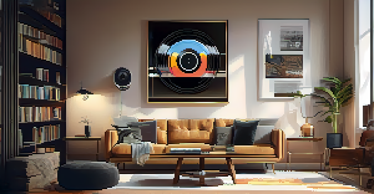 A cozy living room featuring a modern sofa, a sound system, and music artwork on the walls, with a coffee table holding a cup and a vinyl record.