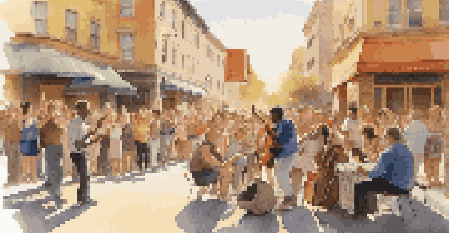 A street performer playing guitar while a group of strangers claps and sways in a sunlit urban setting.