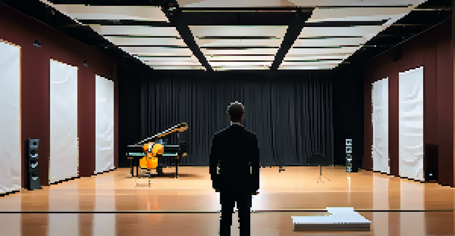 An acoustic consultant assessing a performance space with sound treatment materials and technology.