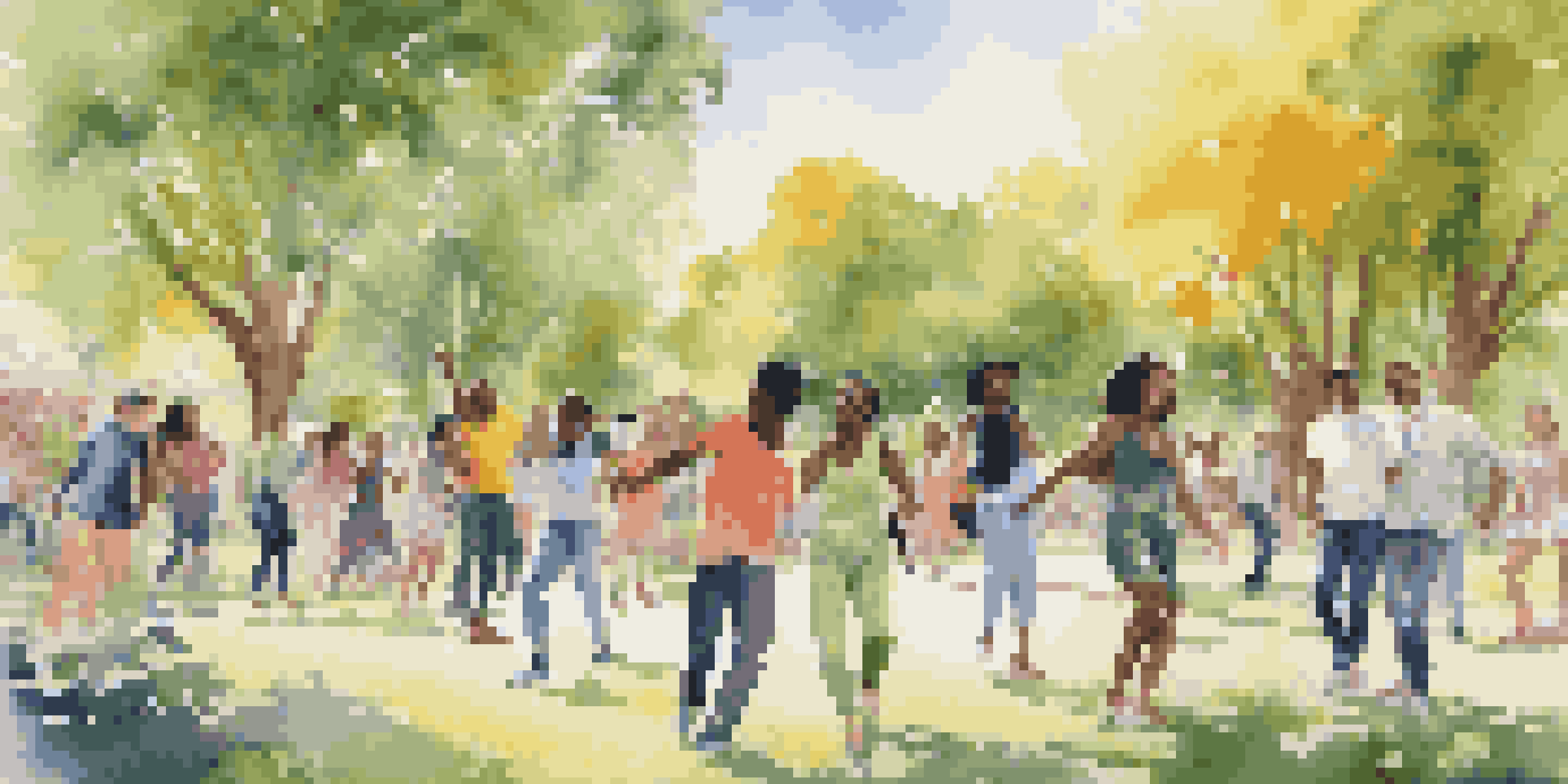 A lively park scene with diverse young people dancing and creating art in a sunny environment, surrounded by greenery and colorful flowers.