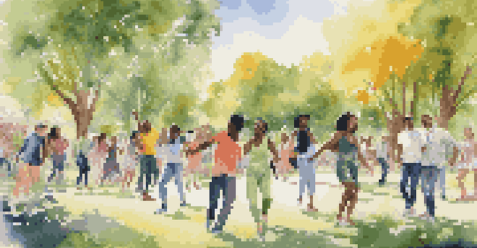 A lively park scene with diverse young people dancing and creating art in a sunny environment, surrounded by greenery and colorful flowers.